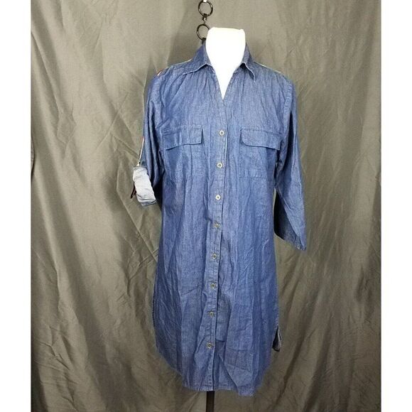 Speed Control PXL New York Blue Denim Roll Tab Sleeve Shirt Dress Size Petites - Picture 1 of 11